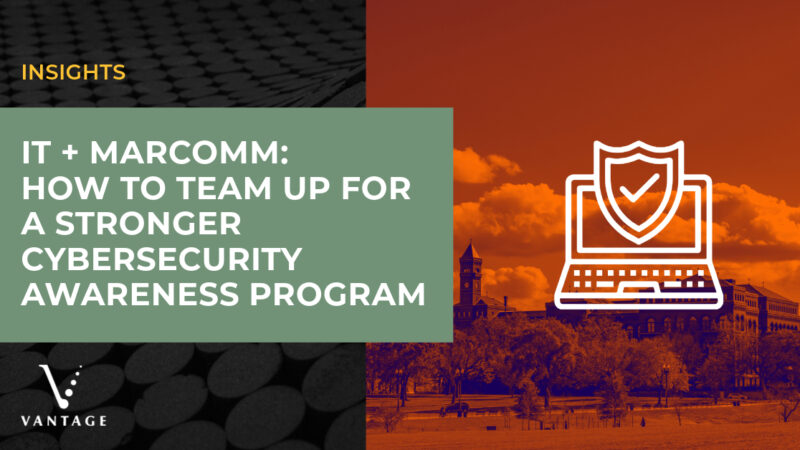 Cybersecurity icon of laptop and shield over an image of a campus