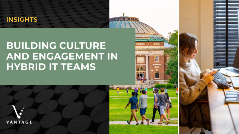 Hybrid IT teams: Split screen showing students walking on plaza and women working from home office