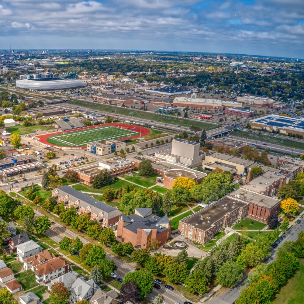 aerial view of campus and neighborhood
