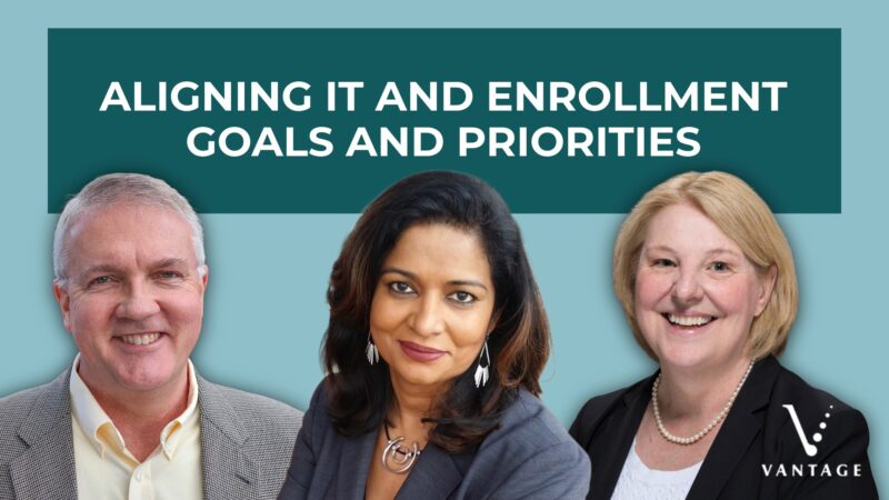 Headshots of Kirk Kelly, Rashmi Radhakrishnan, and Cathy Bates. Text reads: "Aligning IT and Enrollment Goals and Priorities."