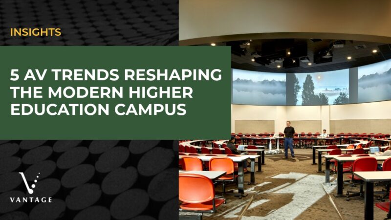Professor stands in a circular classroom with a large cylindrical video screen. Text reads: "Insights: 5 AV Trends Reshaping the Modern Higher Education Campus"