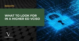 Digital rendering of a lock. Text reads: "Insights: What to Look for In a Higher Ed vCISO"