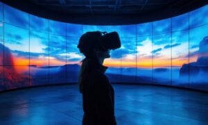 A woman wearing a VR headset stands in an immersive room surrounded by digital screens