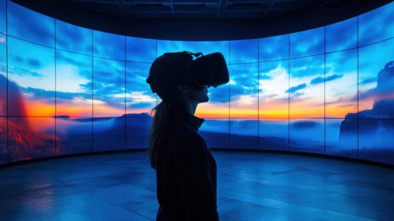 A woman wearing a VR headset stands in an immersive room surrounded by digital screens