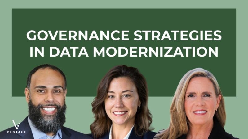Headshots of Hector Molina, Susan Featherston, and Dana Haggas. Text reads "Governance Strategies in Data Modernization."
